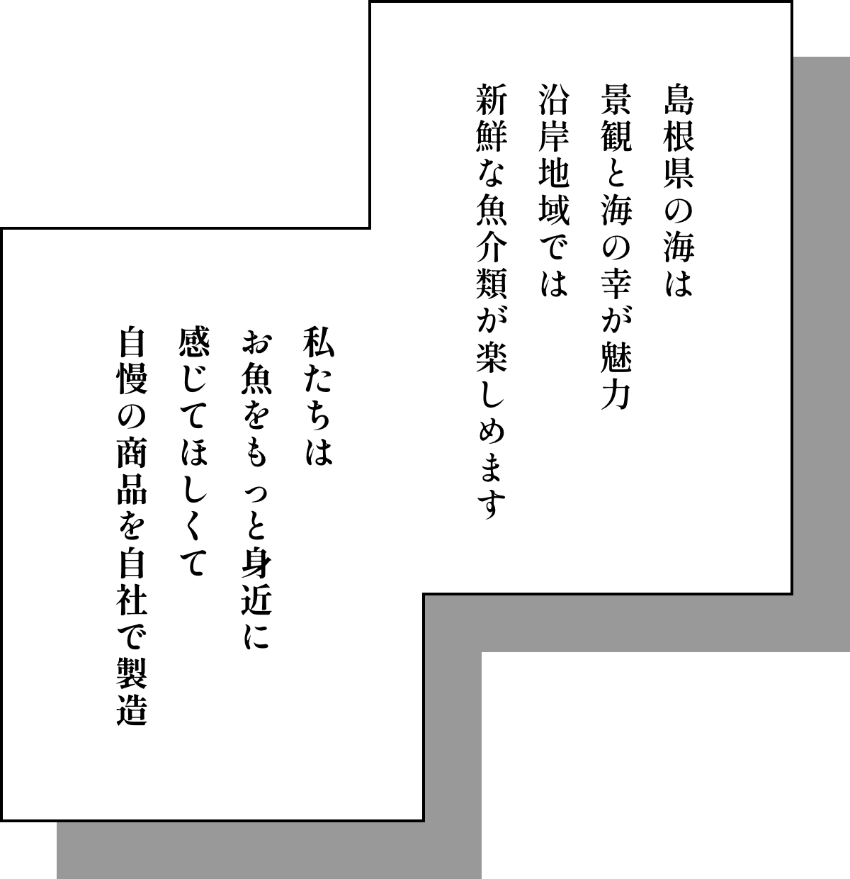 島根県の海は 景観と海の幸が魅力 沿岸地域では 新鮮な魚介類が楽しめます|私たちは お魚をもっと身近に 感じてほしくて 自慢の商品を自社で製造